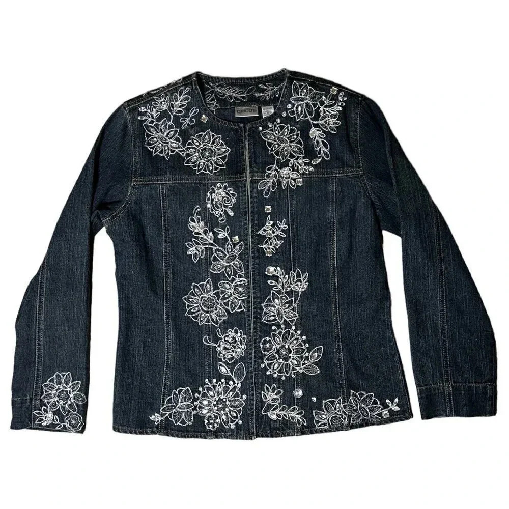 Chico's Blue Embroidered Flowers Deco Rhinestone Denim Jacket Size 1 Medium 8